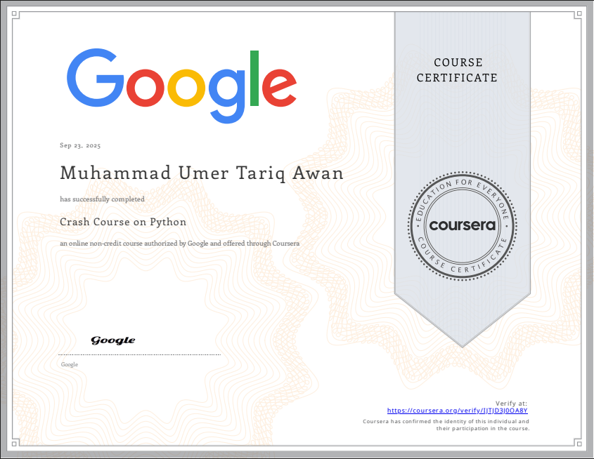 Python Crash Course certificate